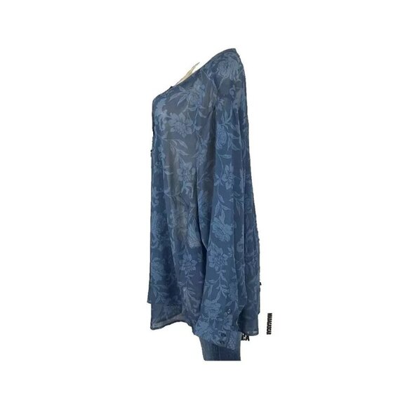 Torrid +5 Blue Sheer Chiffon Floral Split Neck Button Down Long Sleeve Blouse - Picture 5 of 6